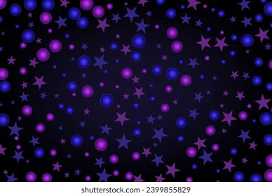 Confetti of blue and purple circles and stars on an abstract background, design element