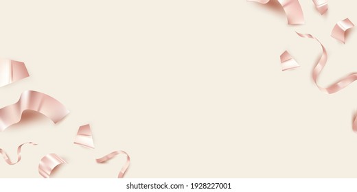 Vector de renderización 3D del borde de confetti en oro rosa sobre fondo beige para tarjeta de saludo