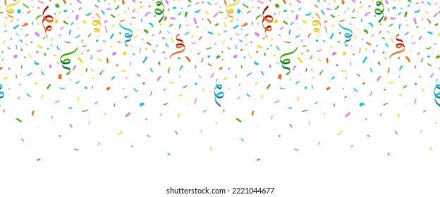 Fondo de borde de confetti, cinta colorida que cae y pequeños trozos de papel de color patrón sin fisuras 