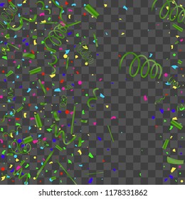 Confetti. Bright colorful vector sparkly confetti, isolated on a transparent background.Element design. Holiday background for postcard, banner, poster, cover design.