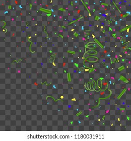 Confetti. Bright colorful vector sparkly confetti, isolated on a transparent background.Element design. Holiday background for postcard, banner, poster, cover design.