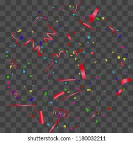 Confetti. Bright colorful vector sparkly confetti, isolated on a transparent background.Element design. Holiday background for postcard, banner, poster, cover design.