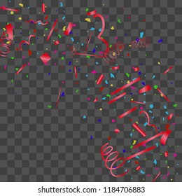Confetti. Bright colorful vector sparkly confetti, isolated on a transparent background.Element design. Holiday background for postcard, banner, poster, cover design.