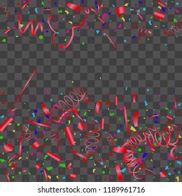 Confetti. Bright colorful vector sparkly confetti, isolated on a transparent background.Element design. Holiday background for postcard, banner, poster, cover design.