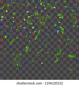 Confetti. Bright colorful vector sparkly confetti, isolated on a transparent background.Element design. Holiday background for postcard, banner, poster, cover design.
