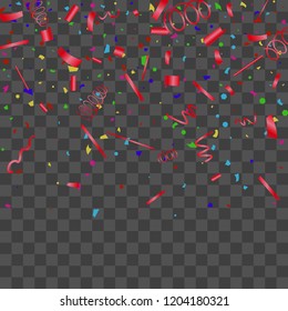 Confetti. Bright colorful vector sparkly confetti, isolated on a transparent background.Element design. Holiday background for postcard, banner, poster, cover design.