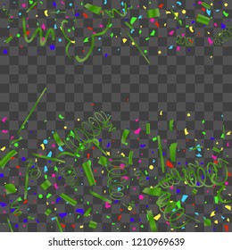 Confetti. Bright colorful vector sparkly confetti, isolated on a transparent background.Element design. Holiday background for postcard, banner, poster, cover design.