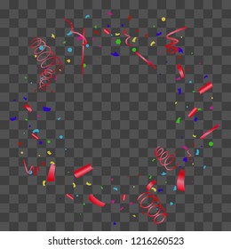 Confetti. Bright colorful vector sparkly confetti, isolated on a transparent background.Element design. Holiday background for postcard, banner, poster, cover design.