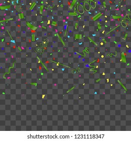 Confetti. Bright colorful vector sparkly confetti, isolated on a transparent background.Element design. Holiday background for postcard, banner, poster, cover design.