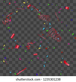 Confetti. Bright colorful vector sparkly confetti, isolated on a transparent background.Element design. Holiday background for postcard, banner, poster, cover design.