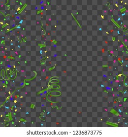 Confetti. Bright colorful vector sparkly confetti, isolated on a transparent background.Element design. Holiday background for postcard, banner, poster, cover design.