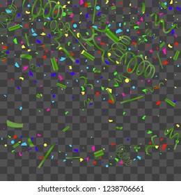 Confetti. Bright colorful vector sparkly confetti, isolated on a transparent background.Element design. Holiday background for postcard, banner, poster, cover design.