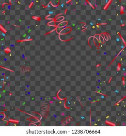 Confetti. Bright colorful vector sparkly confetti, isolated on a transparent background.Element design. Holiday background for postcard, banner, poster, cover design.