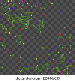 Confetti. Bright colorful vector sparkly confetti, isolated on a transparent background.Element design. Holiday background for postcard, banner, poster, cover design.