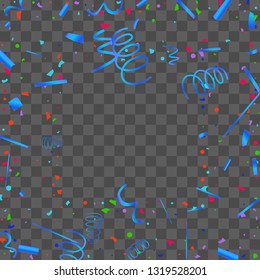 Confetti. Bright colorful vector sparkly confetti, isolated on a transparent background.Element design. Holiday background for postcard, banner, poster, cover design.