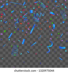 Confetti. Bright colorful vector sparkly confetti, isolated on a transparent background.Element design. Holiday background for postcard, banner, poster, cover design.