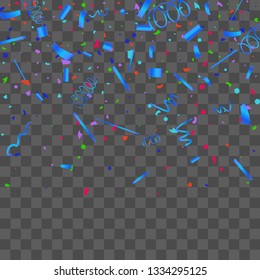 Confetti. Bright colorful vector sparkly confetti, isolated on a transparent background.Element design. Holiday background for postcard, banner, poster, cover design.