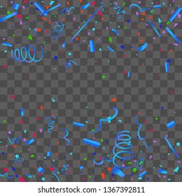 Confetti. Bright colorful vector sparkly confetti, isolated on a transparent background.Element design. Holiday background for postcard, banner, poster, cover design.