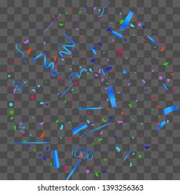 Confetti. Bright colorful vector sparkly confetti, isolated on a transparent background.Element design. Holiday background for postcard, banner, poster, cover design.
