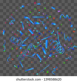 Confetti. Bright colorful vector sparkly confetti, isolated on a transparent background.Element design. Holiday background for postcard, banner, poster, cover design.
