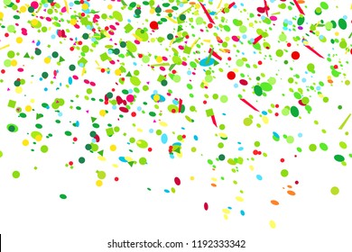 Confetti. Bright explosion. Texture with random geometric elements on isolated white. Abstract background. Pattern for design. Print for polygraphy, banners, t-shirts and textiles. Greeting cards