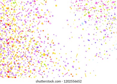Confetti. Bright explosion. Texture with random geometric elements on isolated white. Abstract background. Pattern for design. Print for polygraphy, banners, t-shirts and textiles. Greeting cards