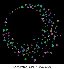 Confetti bright triangles on a black background. Illustration of a drop of multicolored shiny particles. Decorative element. Luxury background for your design, cards, invitations, gift, vip.