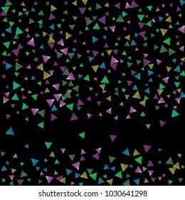 Confetti bright triangles on a black background. Illustration of a drop of multicolored shiny particles. Decorative element. Luxury background for your design, cards, invitations, gift, vip.