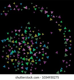 Confetti bright triangles on a black background. Illustration of a drop of multicolored shiny particles. Decorative element. Luxury background for your design, cards, invitations, gift, vip.