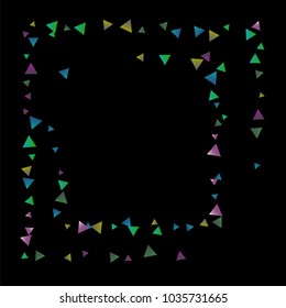 Confetti bright triangles on a black background. Illustration of a drop of multicolored shiny particles. Decorative element. Luxury background for your design, cards, invitations, gift, vip.
