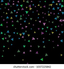 Confetti bright triangles on a black background. Illustration of a drop of multicolored shiny particles. Decorative element. Luxury background for your design, cards, invitations, gift, vip.