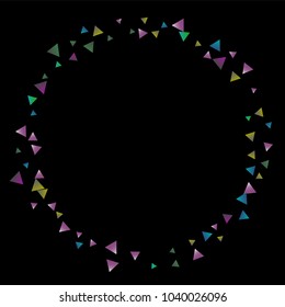 Confetti bright triangles on a black background. Illustration of a drop of multicolored shiny particles. Decorative element. Luxury background for your design, cards, invitations, gift, vip.