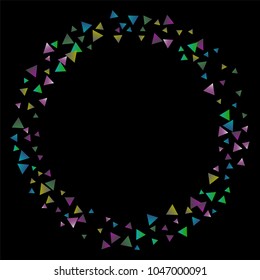 Confetti bright triangles on a black background. Illustration of a drop of multicolored shiny particles. Decorative element. Luxury background for your design, cards, invitations, gift, vip.