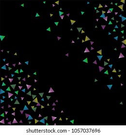 Confetti bright triangles on a black background. Illustration of a drop of multicolored shiny particles. Decorative element. Luxury background for your design, cards, invitations, gift, vip.