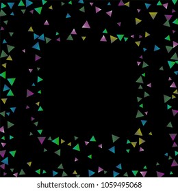 Confetti bright triangles on a black background. Illustration of a drop of multicolored shiny particles. Decorative element. Luxury background for your design, cards, invitations, gift, vip.