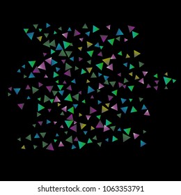Confetti bright triangles on a black background. Illustration of a drop of multicolored shiny particles. Decorative element. Luxury background for your design, cards, invitations, gift, vip.