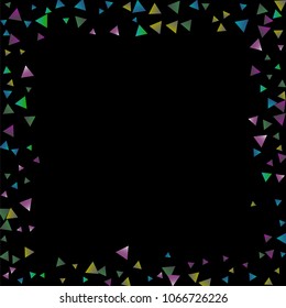 Confetti bright triangles on a black background. Illustration of a drop of multicolored shiny particles. Decorative element. Luxury background for your design, cards, invitations, gift, vip.