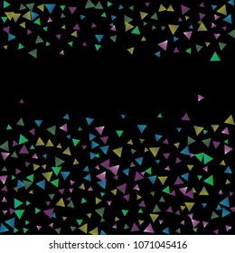 Confetti bright triangles on a black background. Illustration of a drop of multicolored shiny particles. Decorative element. Luxury background for your design, cards, invitations, gift, vip.