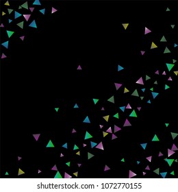 Confetti bright triangles on a black background. Illustration of a drop of multicolored shiny particles. Decorative element. Luxury background for your design, cards, invitations, gift, vip.