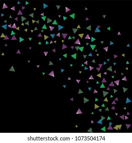 Confetti bright triangles on a black background. Illustration of a drop of multicolored shiny particles. Decorative element. Luxury background for your design, cards, invitations, gift, vip.