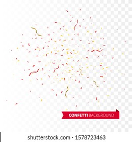 Confetti Burst Explosion. Gold And Red Flying Ribbons, Streamers And Paper Particles. Birthday Party Background. 