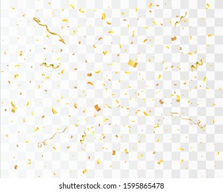 Confetti burst explosion isolated. Gold flying ribbons, streamers and paper particles. Birthday party background. Festive vector illustration