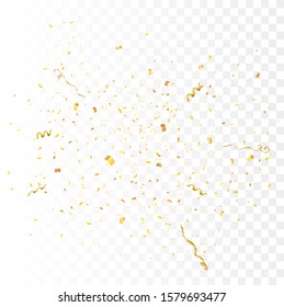 Confetti burst explosion isolated on white background. Gold flying ribbons, streamers and paper particles. Birthday party background. Festive vector illustration
