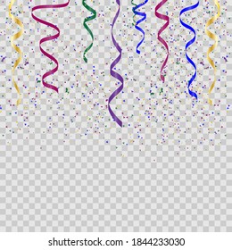Confetti burst vector illustration. Color ribbons and streamers. Birthday party background