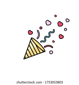 Confetti, gorra, ícono de corazones. Símbolo de historias de amor. Concepto de San Valentín. Vector de fondo blanco aislado. Eps 10
