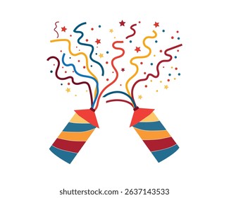 Confetti and carnival ribbon promotions celebration and events illustration set. Party, ribbon, decoration, pattern, firecracker, event. Vector drawing in cartoon