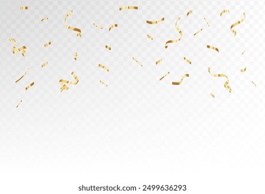 Explosión de celebración de confeti sobre fondo transparente. Piezas de papel dorado brillante volando y extendiéndose. giratorio, diseño simple eps 10