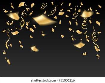  confetti christmas, xmas new year, birthday holiday party gold falling shiny glossy elements on black background. Vector illustration