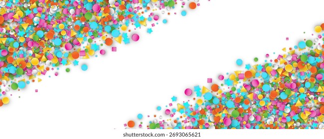 Confetti circles isolated. Round paper party confetti pattern, color birthday flatlay decoration, surprise element on white background top view