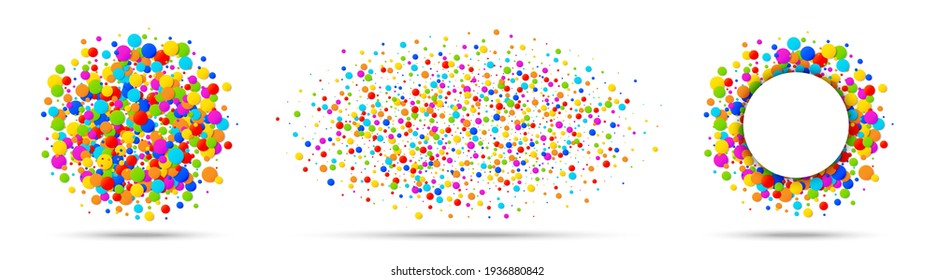 Confetti circles set. Rainbow colors. Round colorful papers isolated on white background. Confetti frame. Birthday template.  Carnival party. Holiday design element. Vector illustration